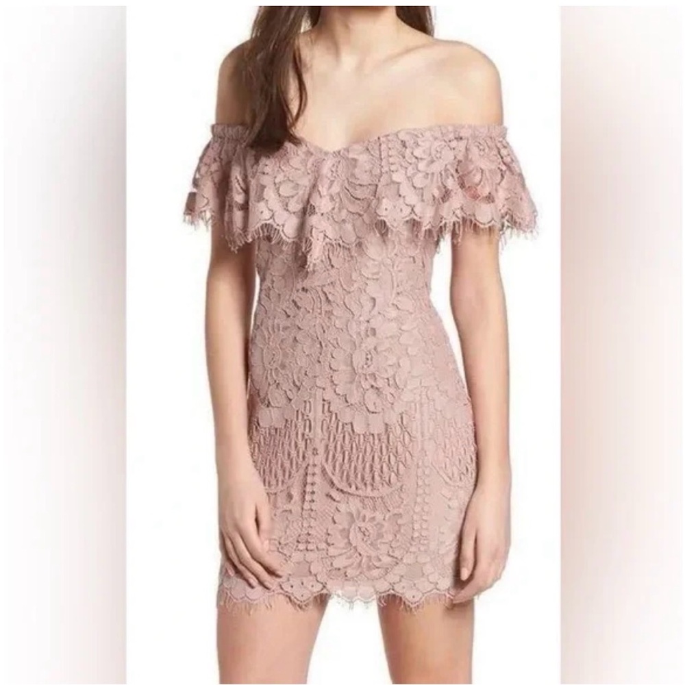 WAYF Dusty Rose Lace Mini Off The Shoulder Fitted Dress XS, spring summer, party